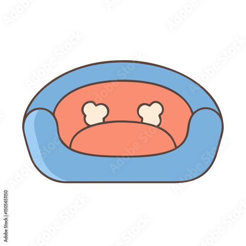 Cartoon image of a blue pet bed with two bones inside it
