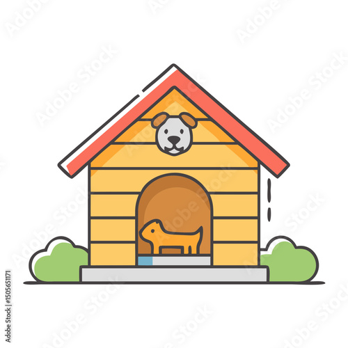 Cartoon depiction of a cute dog house with a friendly dog inside