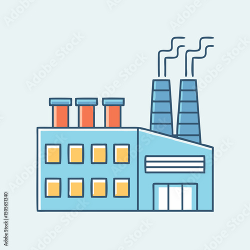 Cartoon illustration of a factory emitting smoke against light blue background