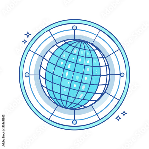 Blue globe icon with orbital grid in a circular frame design