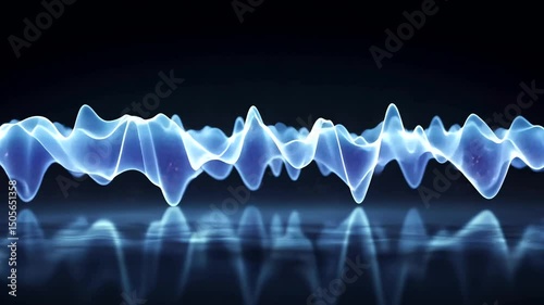Abstract flowing blue waveform with reflections, creating a sense of energy and movement on a dark background, evoking modern technology