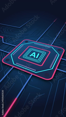 A futuristic AI processor chip illustration glowing with blue and red neon circuit lines on a dark background. Perfect for tech presentations, artificial intelligence themes, innovation banners