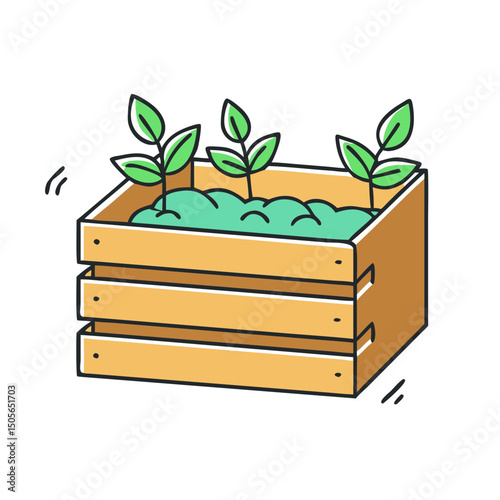 A wooden crate filled with soil and sprouting seedlings illustration