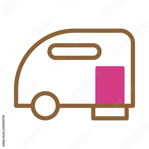 Simplified caravan illustration with pink door and rounded shape design aesthetic