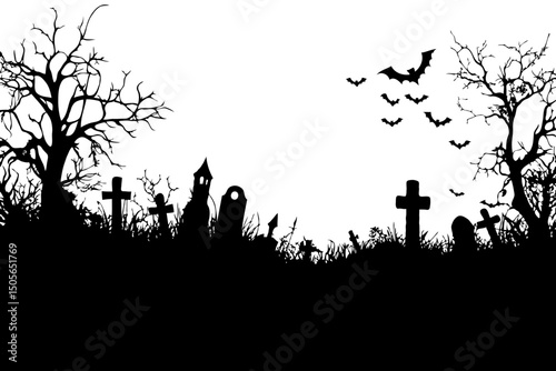 Spooky graveyard scene with bats and leafless trees on white background.