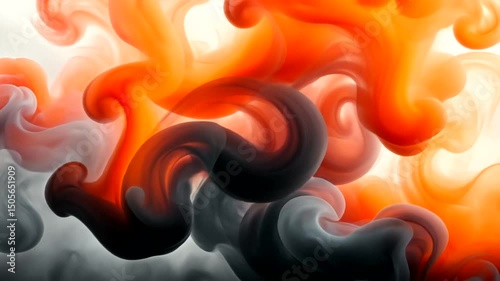 Ethereal swirls of orange and gray pigment blend, creating a fluid, abstract composition against a bright, out-of-focus background