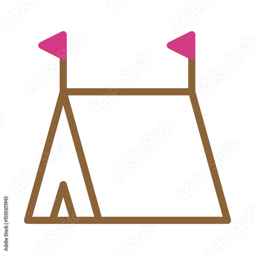 Stylized camping tent depiction with vibrant flags against a neutral backdrop