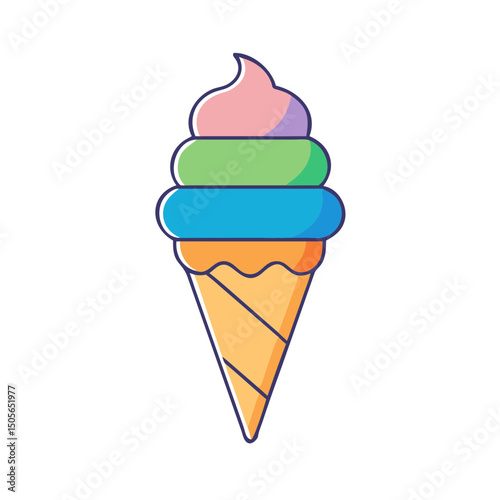 Colorful cartoon ice cream cone with three different flavors stacked high