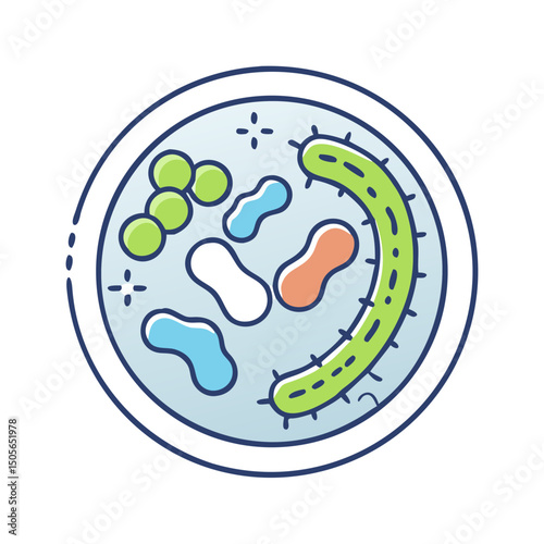 Colorful illustration of a petri dish with various bacteria colonies inside