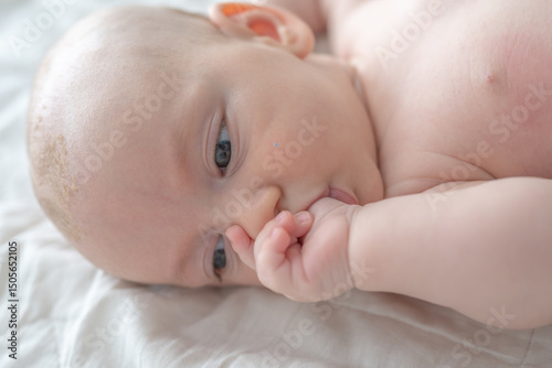 Fotografija Baby's First Discovery: A newborn thump sucking baby lies on its back, sucking its thumb, eyes wide with curiosity and innocence