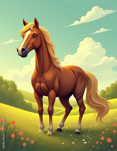 Majestic brown horse grazing in a sunny meadow landscape