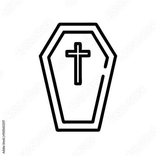 Traditional coffin icon with cross in black line style