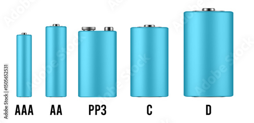 Light blue battery mockup. Set of different types of alkaline batteries. AAA, AA, PP3, C and D types. Realistic vector illustration	