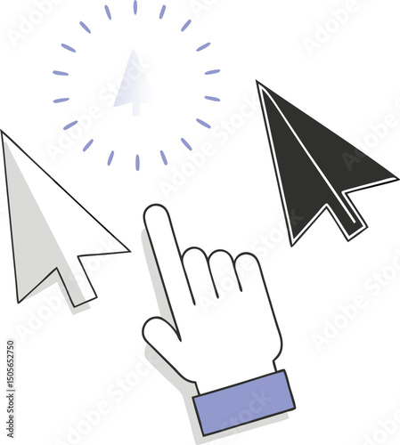 Various computer cursors with hand gesturing click effect in modern vector illustration