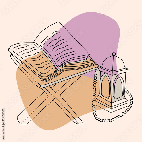 Ramadan Illustration Holy Book on Stand with Islamic Lantern and Rosary Beads