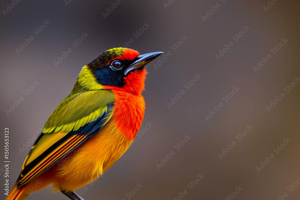 Obraz premium Striking Crimson-Collared Tanager Perched on a Tree Branch, Displaying Its Vivid Red and Black Plumage in a Lush Natural Setting, Vibrant Wallpaper