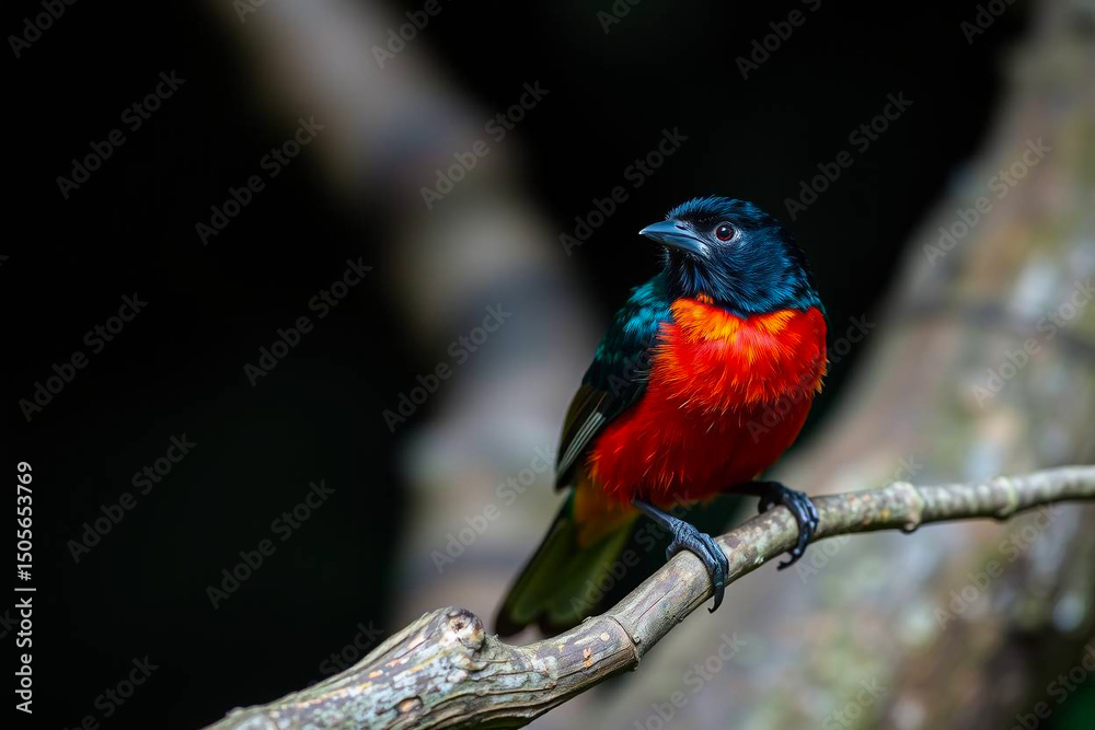 Obraz premium Striking Crimson-Collared Tanager Perched on a Tree Branch, Displaying Its Vivid Red and Black Plumage in a Lush Natural Setting, Vibrant Wallpaper