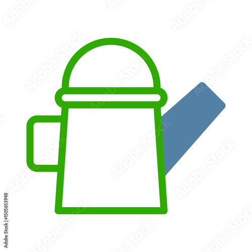 Stylized watering can with bold green outline and blue spout for garden use