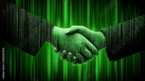 Digital Handshake Symbolizing Partnership and Collaboration Against a Background of Green Binary Code