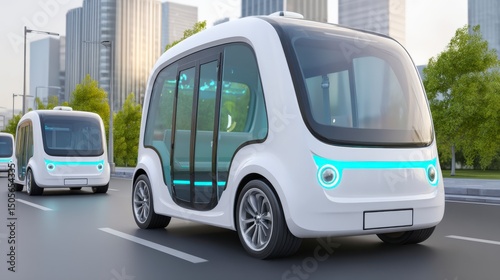 Futuristic Electric Autonomous Vehicle in a Modern City Street with Skyscrapers and Advanced Transportation Concept