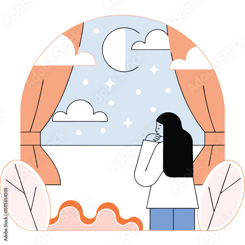 Woman gazing at the night sky through a window in minimalist flat illustration