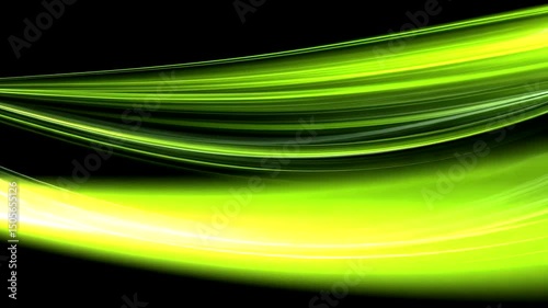 Luminous, abstract curves glow in shades of green, on a black background, evoking movement and energy, creating a futuristic aesthetic