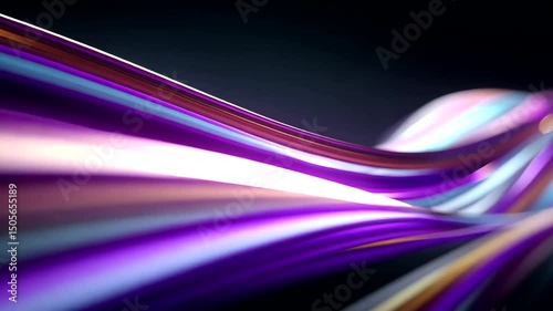 Abstract flowing waves in purples, blues, and golds create a dynamic visual texture with a soft background