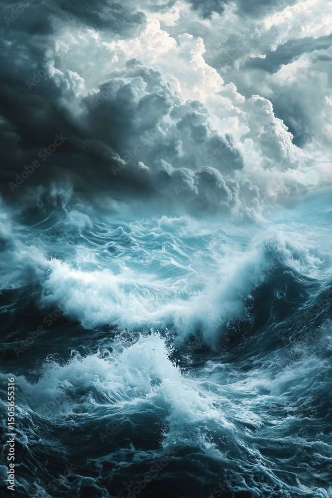 Obraz premium waves of H2O in dramatic ocean scene with stormy clouds and turbulent crashing waves in dark blue tones, towering waves symolizing force of nature, photorealistic