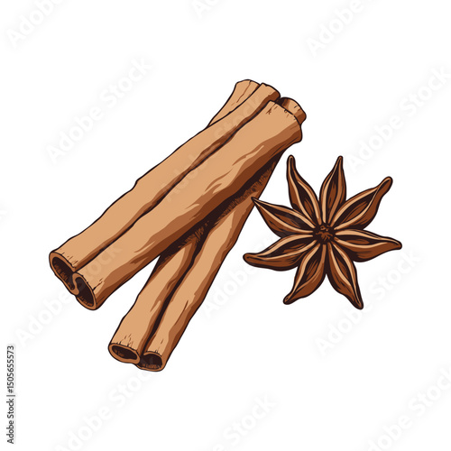 Hand-drawn cinnamon sticks and star anise illustration in rustic style on white background, representing aromatic spices and culinary flavor