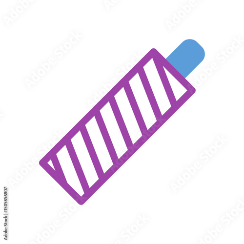 Minimalist candy bar icon with purple stripes and blue accent, vibrant design