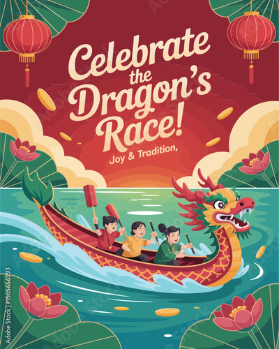 Vector promotion of dragon boat with bright tones. Dragon Boat Festival Vector Art for Greetings, Posters, Ads and Social Media