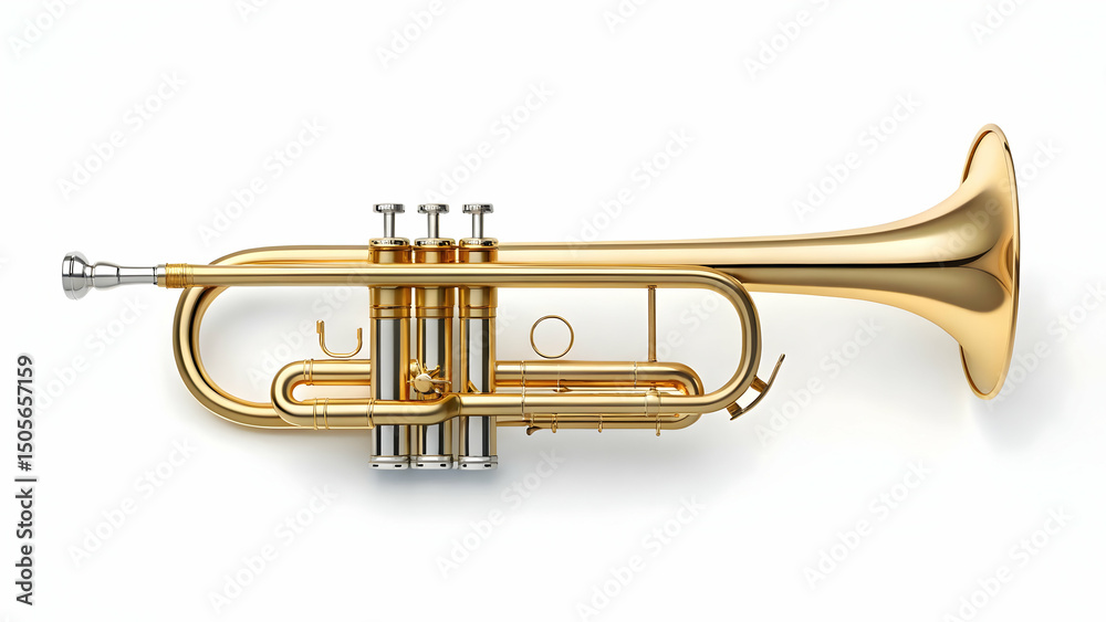 A gleaming gold trumpet, captured from an overhead perspective against a stark white backdrop. Its valves and intricate details are clearly visible, showcasing the instrument's elegant design. A gleaming gold trumpet, captured from an overhead perspective against a stark white backdrop. Its valves and intricate details are clearly visible, showcasing the instrument's elegant design.