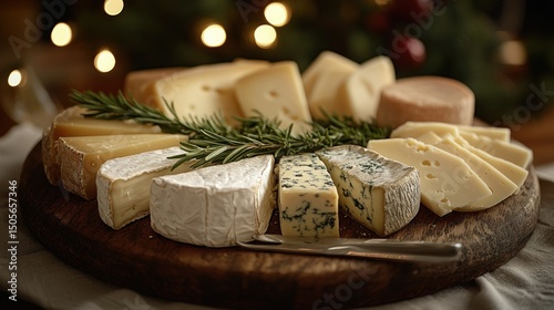 Assorted cheeses on a wooden board, festive lighting