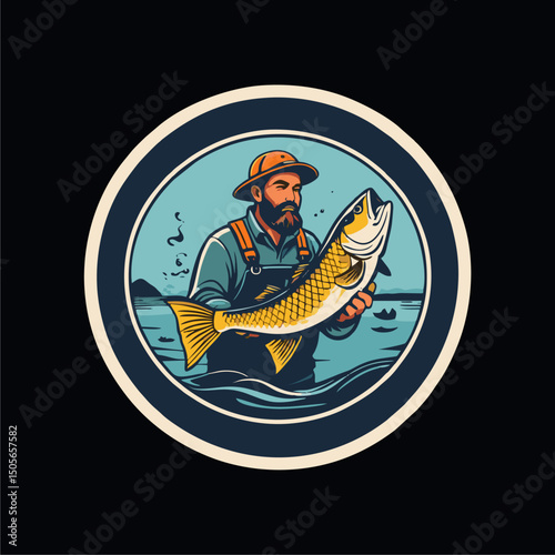 Fisherman design illustration for ready-to-print t-shirts, brooches and logos