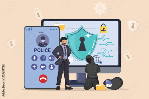 Reporting Cybercrime and Data Breach: A Businessman Calling the Police While a Hacker is Apprehended Near a Computer.