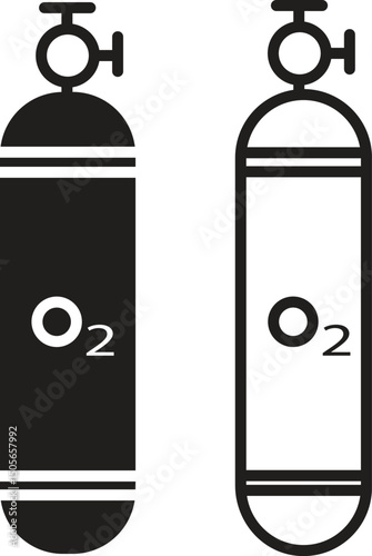 O2 gas cylinder flat, line icon set. Compressed oxygen tank vector. Scuba diver illustration collection. Breathing and Industrial Equipment Symbol. LPG propane bottle container. Canister fuel storage.