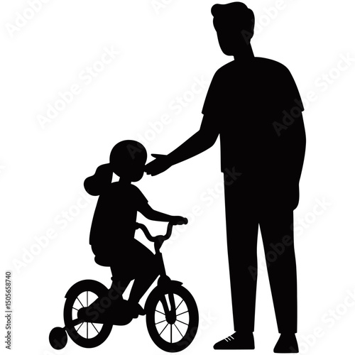 Silhouette vector of a father teaching his child to ride a bicycle, capturing a heartwarming parenting moment with the adult offering guidance and support beside the bike-riding kid.