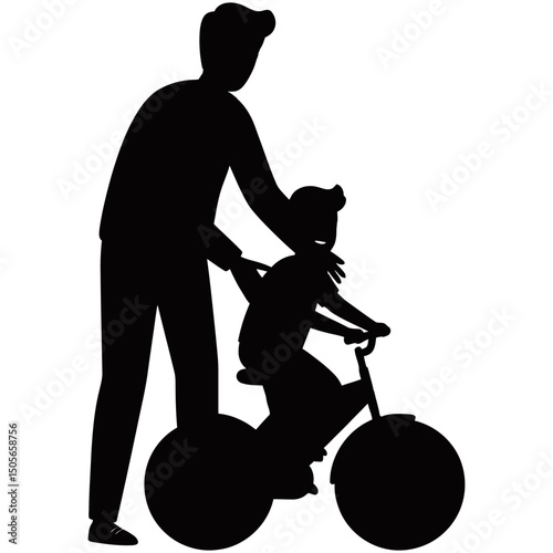 Silhouette vector of a father teaching his child to ride a bicycle, capturing a heartwarming parenting moment with the adult offering guidance and support beside the bike-riding kid.