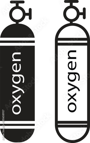 O2 gas cylinder flat, line icon set. Compressed oxygen tank vector. Scuba diver illustration collection. Breathing and Industrial Equipment Symbol. LPG propane bottle container. Canister fuel storage.
