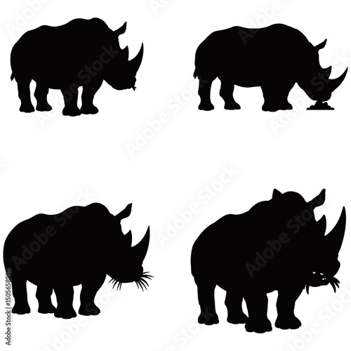 Silhouette vector set of four hippos in different poses, including grazing and roaring, emphasizing the massive body and iconic shape of this wild African animal.
