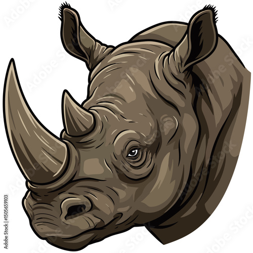 Detailed vector illustration of a rhino head in profile, showcasing its large horn, wrinkled skin, and intense expression, ideal for wildlife or mascot design themes.
