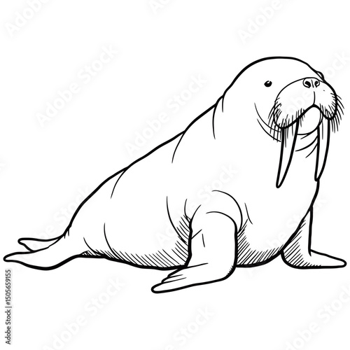 Detailed black and white line drawing of a walrus in a relaxed sitting pose, featuring prominent tusks, whiskers, and flippers, ideal for wildlife education or marine-themed designs.