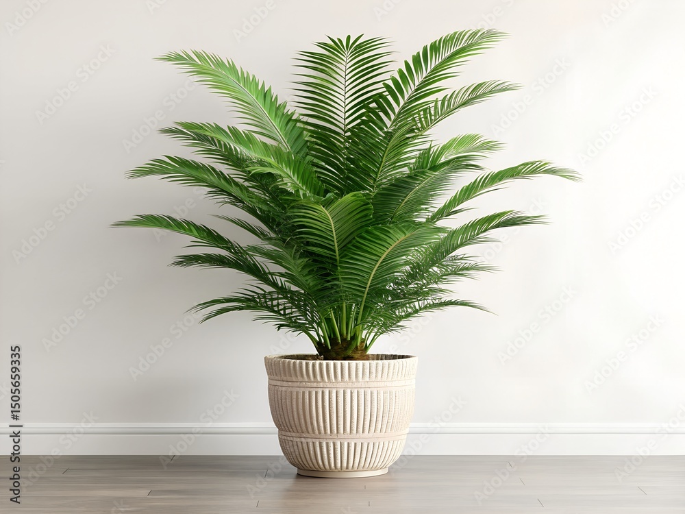 Fototapeta premium Large indoor potted palm plant with lush green fronds, tropical foliage suited for home decor, office space, and indoor gardening environments