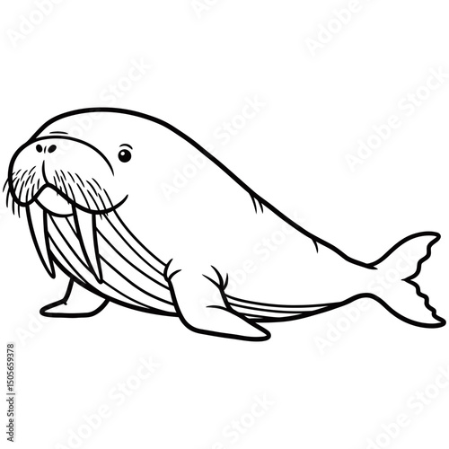 Detailed black and white line drawing of a walrus in a relaxed sitting pose, featuring prominent tusks, whiskers, and flippers, ideal for wildlife education or marine-themed designs.