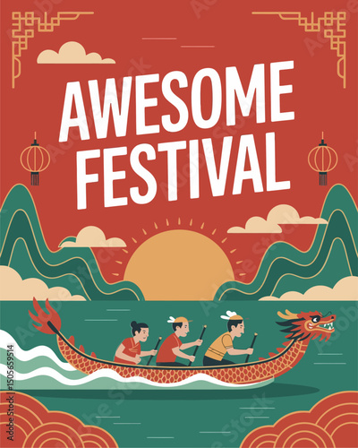 Horizontal media ad for dragon boat celebrations. Dragon Boat Festival Vector Art for Greetings, Posters, Ads and Social Media