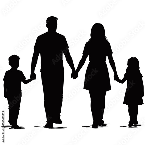 Silhouette of a family of four holding hands, walking together with visible unity and affection—features father, mother, son, and daughter in side-by-side formation.