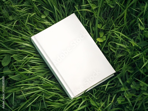 Blank white book on grass