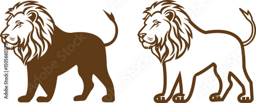 Lion vector set brown flat, line styles. Premium wild animal crest symbol. Lion logos convey strength, power and leadership. Can be used as a logo or brand mark, symbolizing courage and determination.