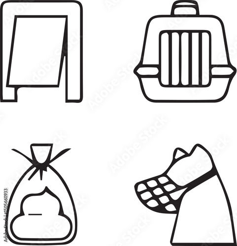 Pet Care Essentials: A set of simple, black and white icons representing key pet care elements – from a convenient waste bag and dog muzzle to a sturdy carrier and open crate.