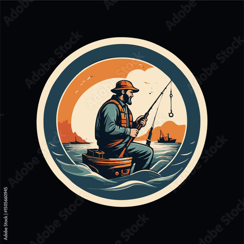 Fisherman design illustration for ready-to-print t-shirts, brooches and logos